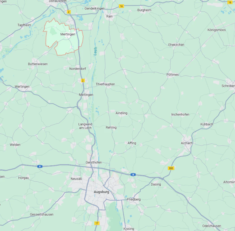 https://www.google.com/maps/place/86690+Mertingen/@48.5232839,10.7270219,10.88z/data=!4m6!3m5!1s0x479ecf79d0066e3d:0x41e48add78c3500!8m2!3d48.6571023!4d10.8058245!16s%2Fm%2F02q10w9?entry=ttu — © Google maps
